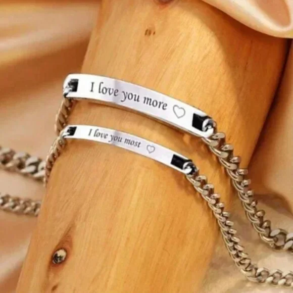 2 Set Titanium Steel Engraved "I Love You More/ I Love You Most Couple Bracelets - Picture 2 of 5